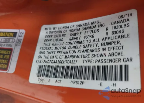 2014 Honda Civic Si z USA, uszkodzony, nr VIN 2HGFG4A56EH704327